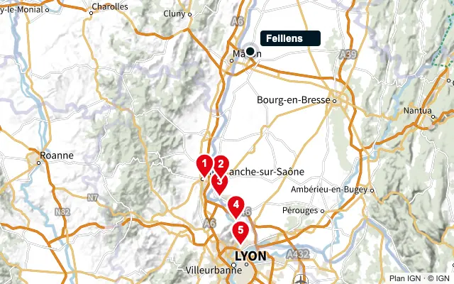 Carte : Feillens et les 5 agences de la liste, numérotées de 1 à 5