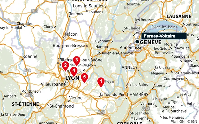 Carte : Ferney-Voltaire et les 5 agences de la liste, numérotées de 1 à 5
