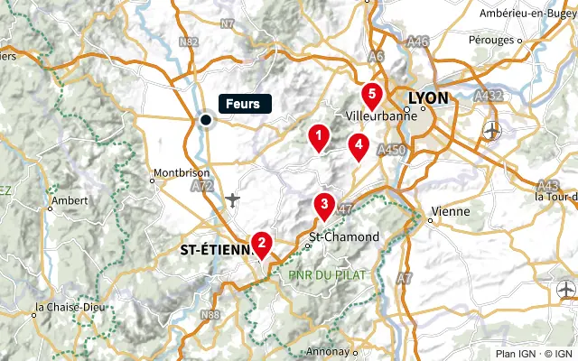 Carte : Feurs et les 5 agences de la liste, numérotées de 1 à 5