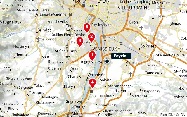 Carte : Feyzin et les 5 agences de la liste, numérotées de 1 à 5