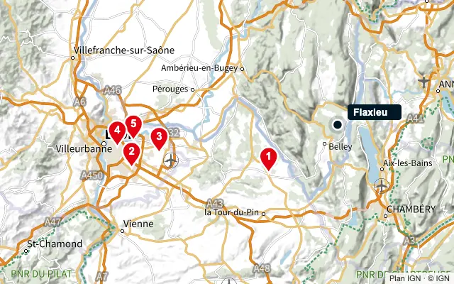 Carte : Flaxieu et les 5 agences de la liste, numérotées de 1 à 5