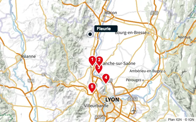 Carte : Fleurie et les 5 agences de la liste, numérotées de 1 à 5