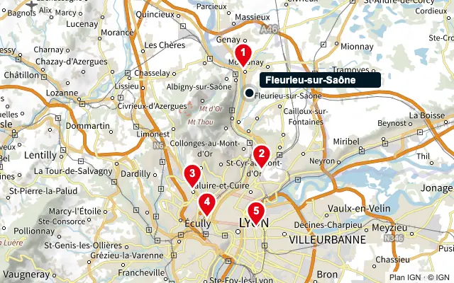 Carte : Fleurieu-sur-Saône et les 5 agences de la liste, numérotées de 1 à 5