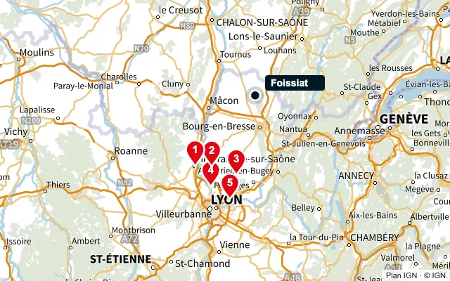 Carte : Foissiat et les 5 agences de la liste, numérotées de 1 à 5