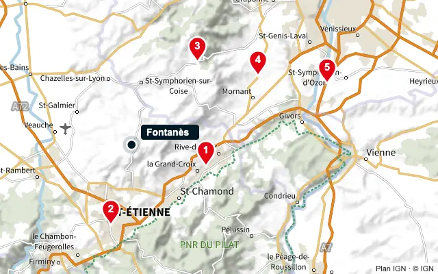 Carte : Fontanès et les 5 agences de la liste, numérotées de 1 à 5