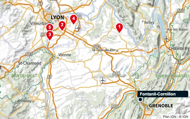 Carte : Fontanil-Cornillon et les 5 agences de la liste, numérotées de 1 à 5