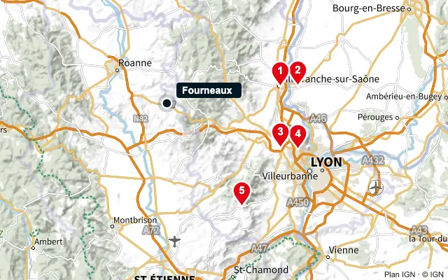 Carte : Fourneaux et les 5 agences de la liste, numérotées de 1 à 5