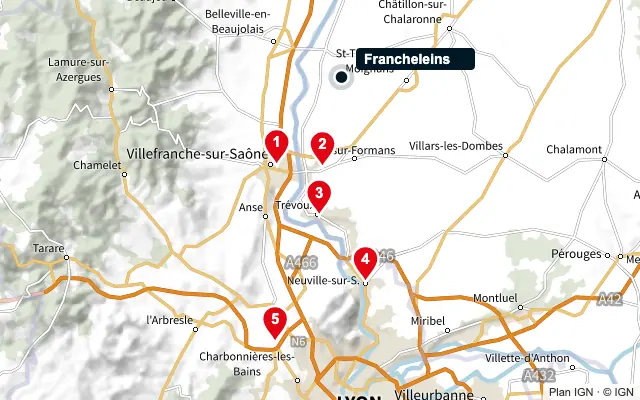 Carte : Francheleins et les 5 agences de la liste, numérotées de 1 à 5