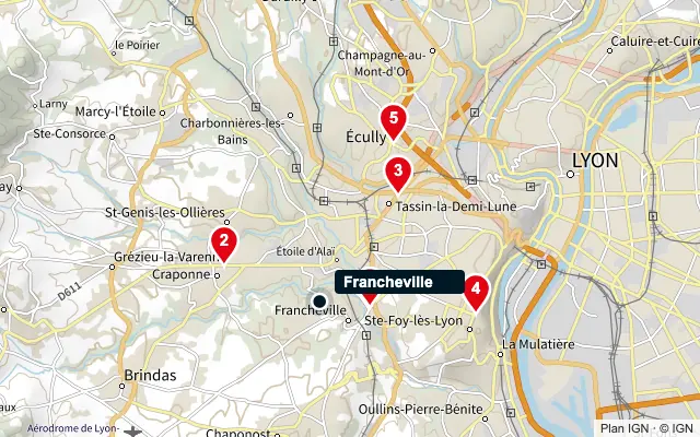 Carte : Francheville et les 5 agences de la liste, numérotées de 1 à 5