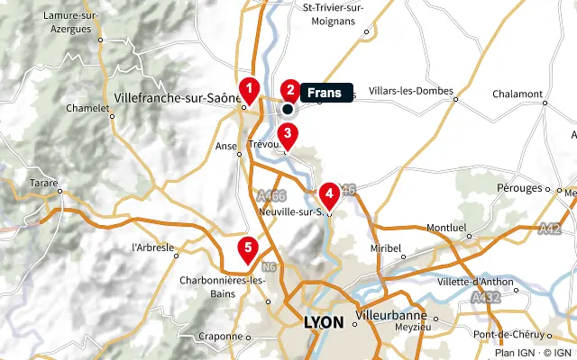 Carte : Frans et les 5 agences de la liste, numérotées de 1 à 5