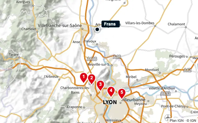 Carte : Frans et les 5 agences de la liste, numérotées de 1 à 5