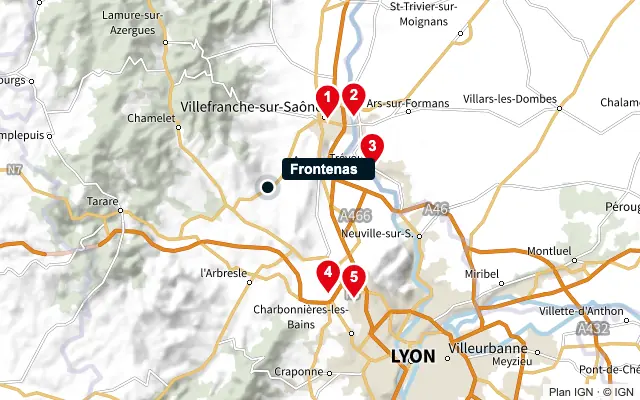 Carte : Frontenas et les 5 agences de la liste, numérotées de 1 à 5