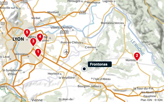 Carte : Frontonas et les 5 agences de la liste, numérotées de 1 à 5