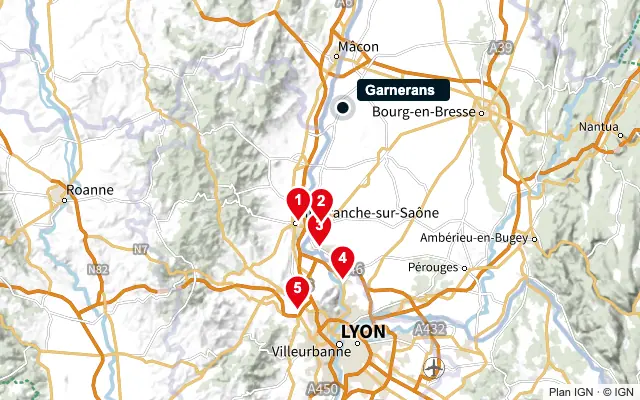 Carte : Garnerans et les 5 agences de la liste, numérotées de 1 à 5