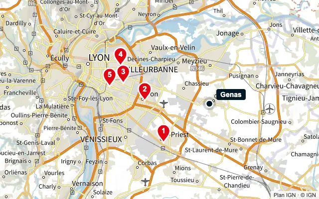 Carte : Genas et les 5 agences de la liste, numérotées de 1 à 5