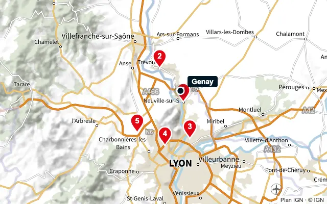 Carte : Genay et les 5 agences de la liste, numérotées de 1 à 5