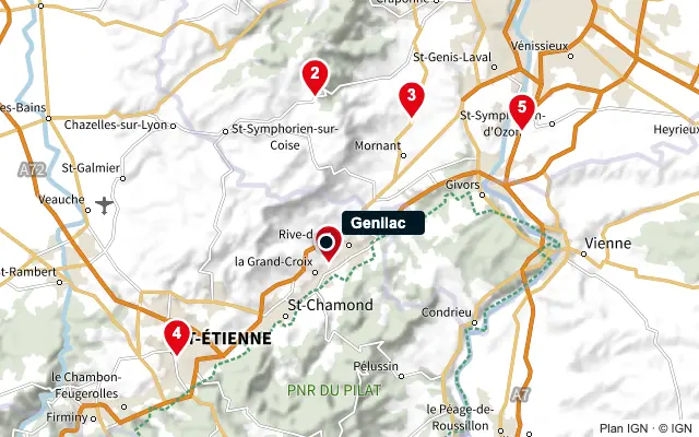 Carte : Genilac et les 5 agences de la liste, numérotées de 1 à 5