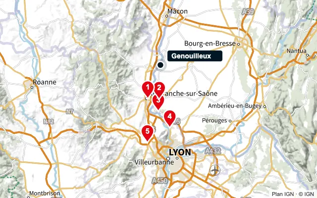 Carte : Genouilleux et les 5 agences de la liste, numérotées de 1 à 5
