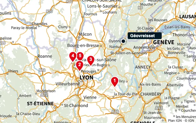 Carte : Géovreisset et les 5 agences de la liste, numérotées de 1 à 5