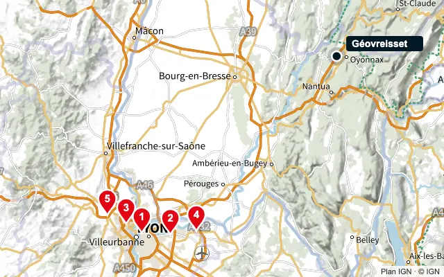 Carte : Géovreisset et les 5 agences de la liste, numérotées de 1 à 5