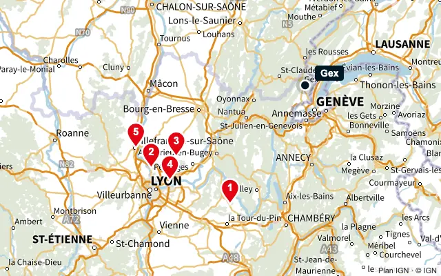 Carte : Gex et les 5 agences de la liste, numérotées de 1 à 5