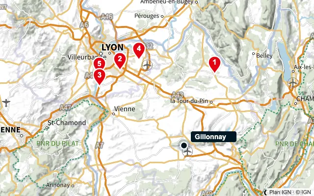 Carte : Gillonnay et les 5 agences de la liste, numérotées de 1 à 5