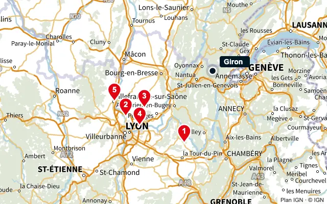 Carte : Giron et les 5 agences de la liste, numérotées de 1 à 5