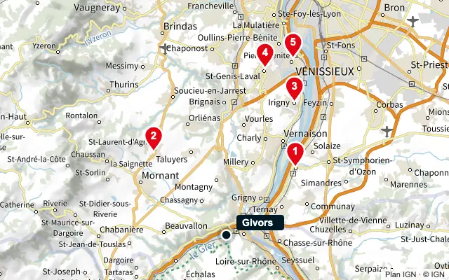 Carte : Givors et les 5 agences de la liste, numérotées de 1 à 5