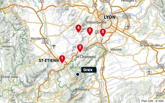 Carte : Graix et les 5 agences de la liste, numérotées de 1 à 5