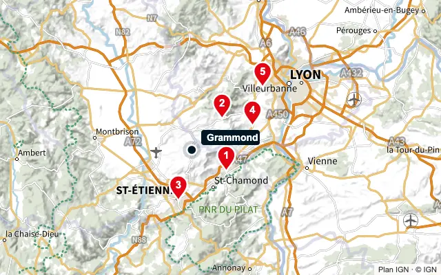 Carte : Grammond et les 5 agences de la liste, numérotées de 1 à 5