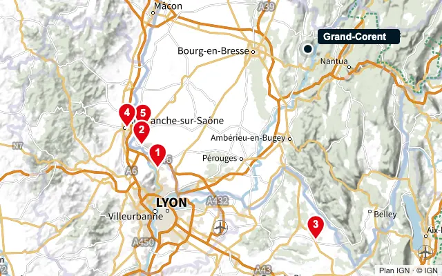 Carte : Grand-Corent et les 5 agences de la liste, numérotées de 1 à 5
