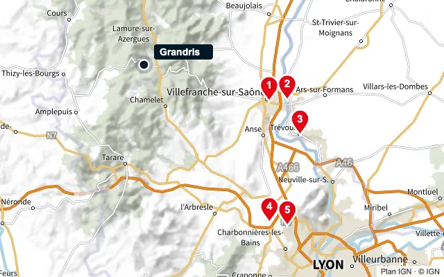 Carte : Grandris et les 5 agences de la liste, numérotées de 1 à 5