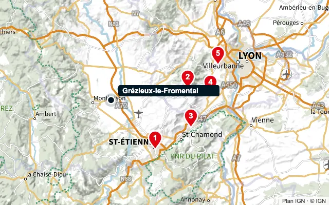 Carte : Grézieux-le-Fromental et les 5 agences de la liste, numérotées de 1 à 5
