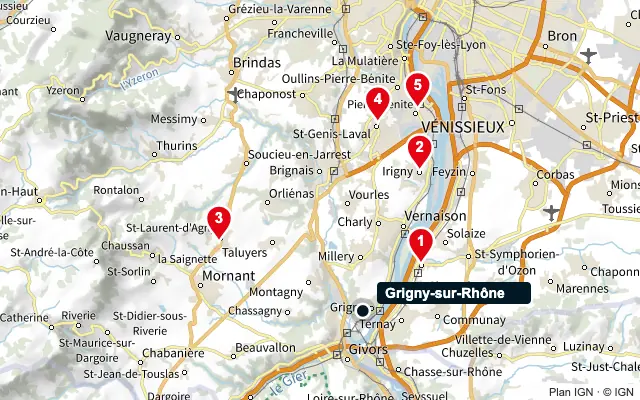 Carte : Grigny-sur-Rhône et les 5 agences de la liste, numérotées de 1 à 5