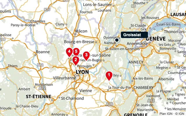 Carte : Groissiat et les 5 agences de la liste, numérotées de 1 à 5