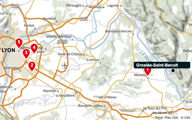 Carte : Groslée-Saint-Benoit et les 5 agences de la liste, numérotées de 1 à 5