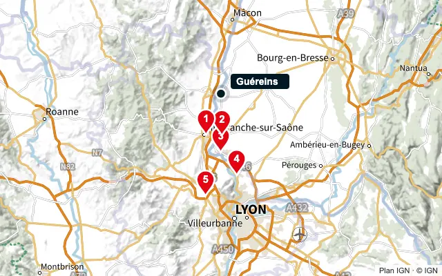 Carte : Guéreins et les 5 agences de la liste, numérotées de 1 à 5
