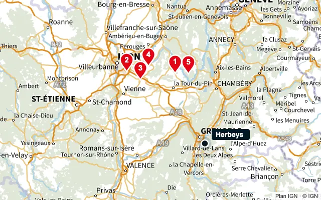 Carte : Herbeys et les 5 agences de la liste, numérotées de 1 à 5