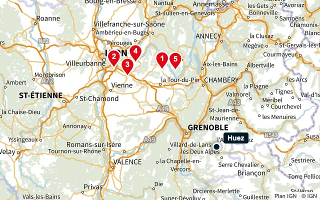 Carte : Huez et les 5 agences de la liste, numérotées de 1 à 5