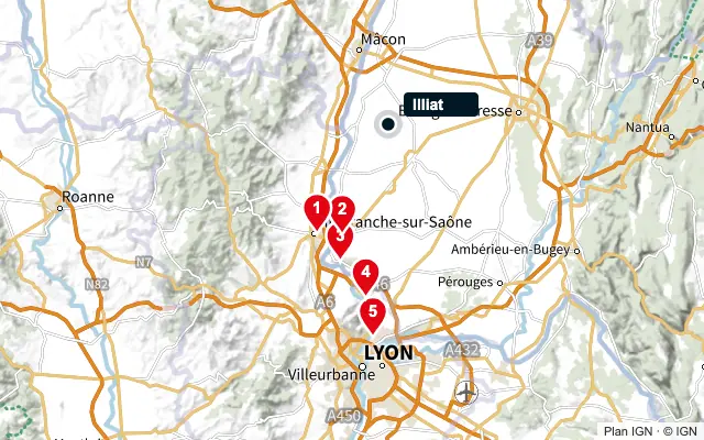Carte : Illiat et les 5 agences de la liste, numérotées de 1 à 5