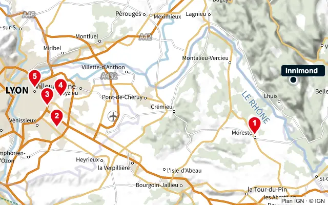 Carte : Innimond et les 5 agences de la liste, numérotées de 1 à 5
