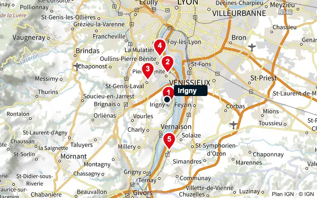 Carte : Irigny et les 5 agences de la liste, numérotées de 1 à 5