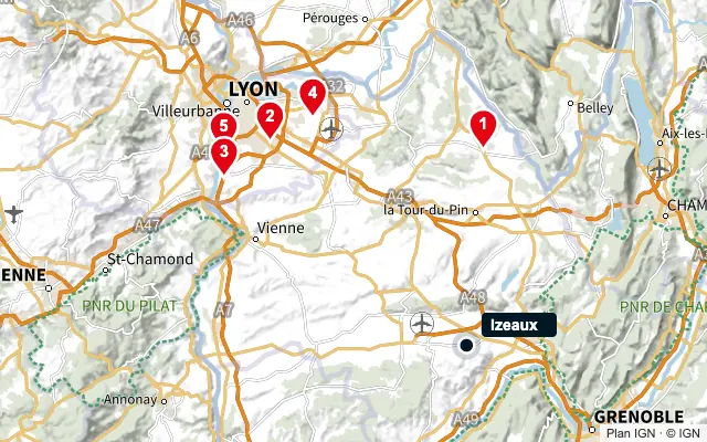 Carte : Izeaux et les 5 agences de la liste, numérotées de 1 à 5