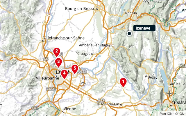 Carte : Izenave et les 5 agences de la liste, numérotées de 1 à 5