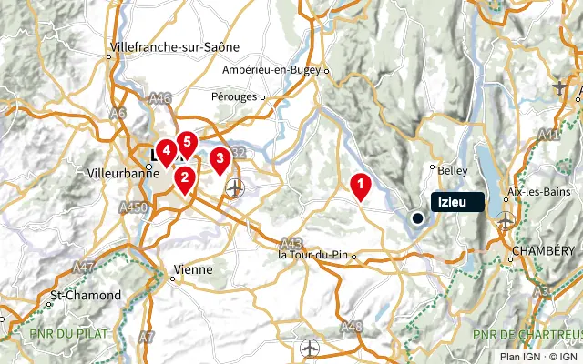 Carte : Izieu et les 5 agences de la liste, numérotées de 1 à 5