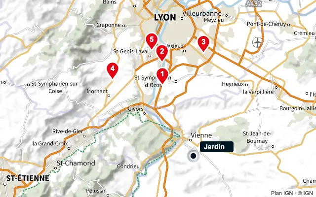 Carte : Jardin et les 5 agences de la liste, numérotées de 1 à 5