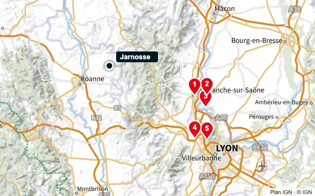 Carte : Jarnosse et les 5 agences de la liste, numérotées de 1 à 5