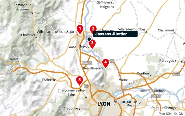 Carte : Jassans-Riottier et les 5 agences de la liste, numérotées de 1 à 5