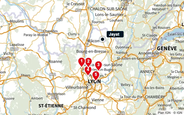 Carte : Jayat et les 5 agences de la liste, numérotées de 1 à 5
