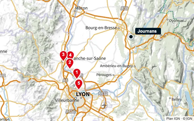 Carte : Journans et les 5 agences de la liste, numérotées de 1 à 5